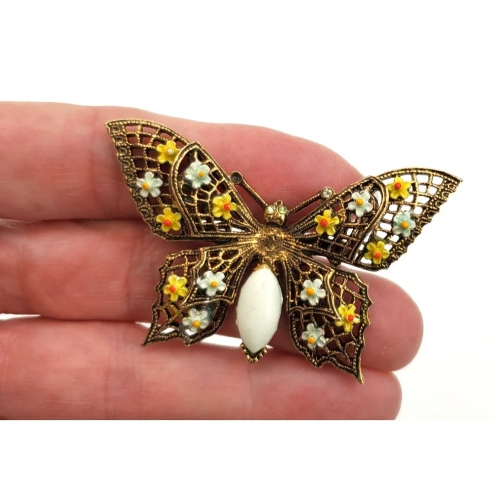 Vintage Filigree Butterfly Brooch Gold Tone Milk Glass & Flowers